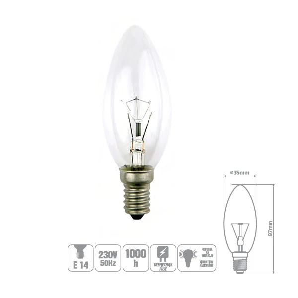 ŻARÓWKA WSTRZĄSOODPORNA CLIS-40CL 40W E14 ŚWIECA PRZEZROCZYSTA