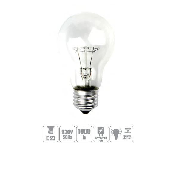 ŻARÓWKA WSTRZĄSOODPORNA GLIS-40CL 40W E27 A55 PRZEZROCZYSTA