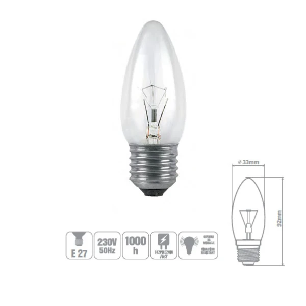 ŻARÓWKA WSTRZĄSOODPORNA OLIS-40CL 40W E27 ŚWIECA PRZEZROCZYSTA