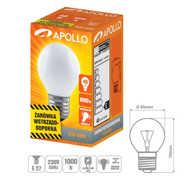 ŻARÓWKA WSTRZĄSOODPORNA FLIS-40FR 40W E27 KULKA MATOWA