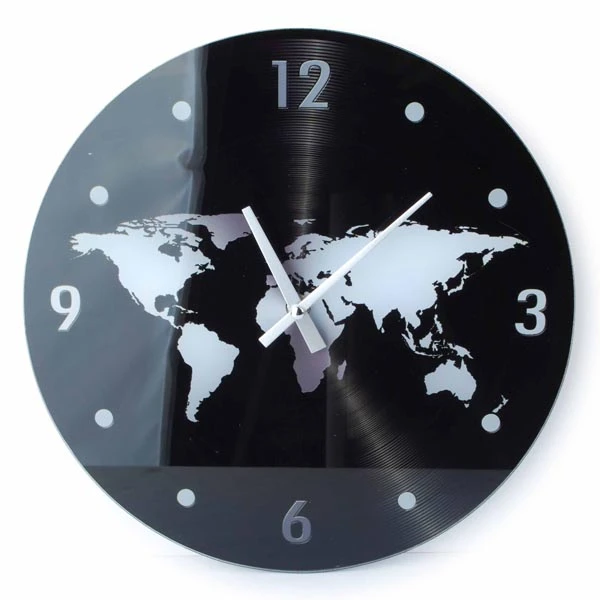 MON-ZEGAR SZKLANY OKRĄGŁY *MAPA ŚWIAT CZARNA* 4048