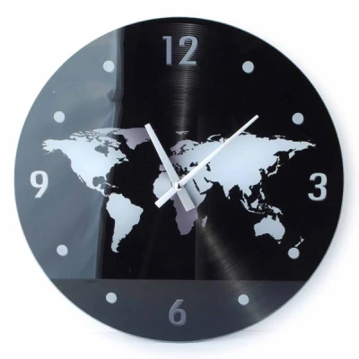 MON-ZEGAR SZKLANY OKRĄGŁY *MAPA ŚWIAT CZARNA* 4048