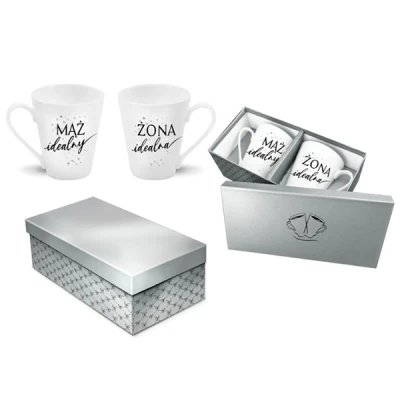 BG-ZESTAW 2-KUBKÓW SKOŚNYCH SREBRNE 300ML *ŻONA IDEALNA/MĄŻ IDEALNY*