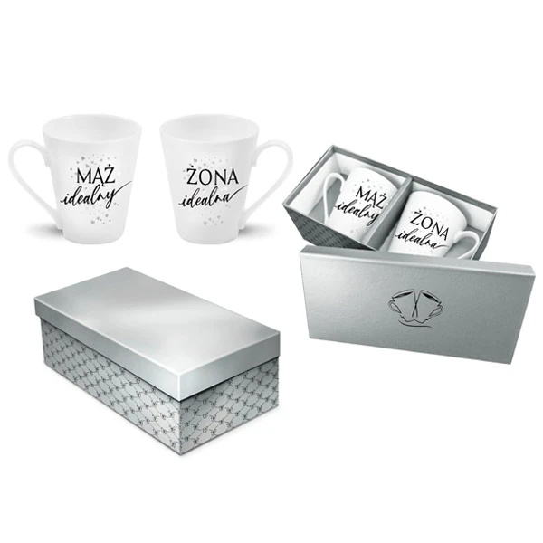 BG-ZESTAW 2-KUBKÓW SKOŚNYCH SREBRNE 300ML *ŻONA IDEALNA/MĄŻ IDEALNY*