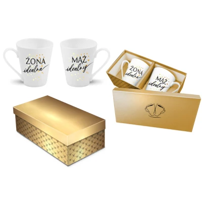 BG-ZESTAW 2-KUBKÓW SKOŚNYCH ZŁOTE 300ML *ŻONA IDEALNA/MĄŻ IDEALNY*
