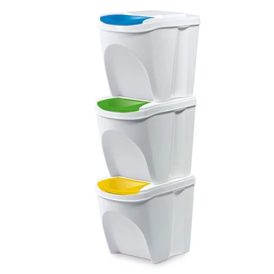 PROS-ZESTAW 3 BIAŁYCH KOSZY DO SEGREGCJI KLAPKA POKRYWY KOLOR (ŻÓŁTA/ZIELONA/ NIEBIESKA)