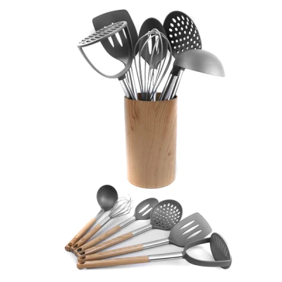 SPL-1548-C KPL. 6 PRZYBORÓW KUCHENNYCH W STOJAKU DREWNO